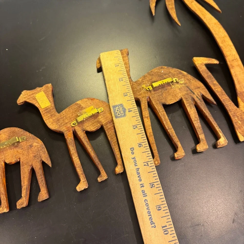 Handcrafted Wood Wall Art Set 4pc Brown Camel Palm Tree Desert Silhouette Decor